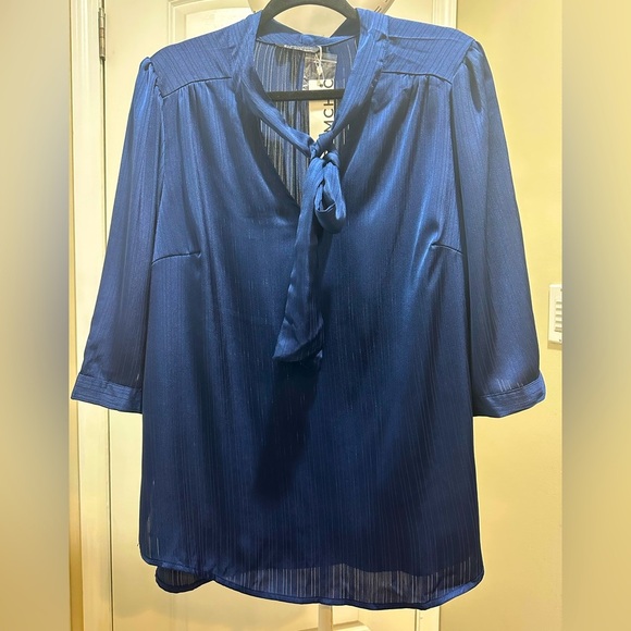 BloomChic Plus Size Plain Knot Neck Ruffle Sleeve Blouse - Picture 2 of 10